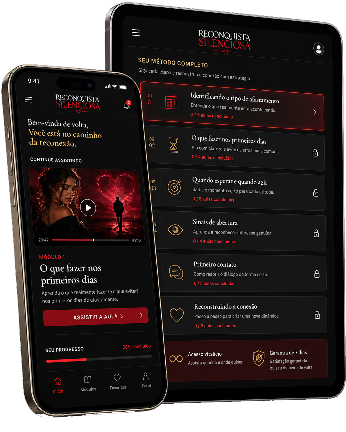 Mockup da área de aluno da Reconquista Silenciosa exibindo os módulos e aulas no celular